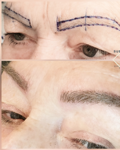 Woman with eyebrow mapping and below a post semi permanent eyebrow treatment