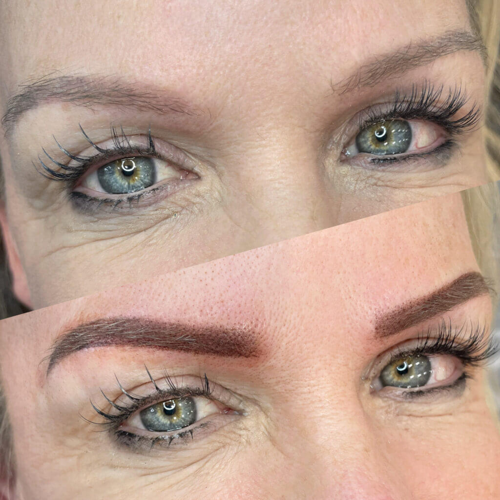 Before and after images showcasing the remarkable results of a powder brow treatment top-up. The transformation highlights enhanced shape, definition, and colour, providing a more polished and refined appearance to the eyebrows.