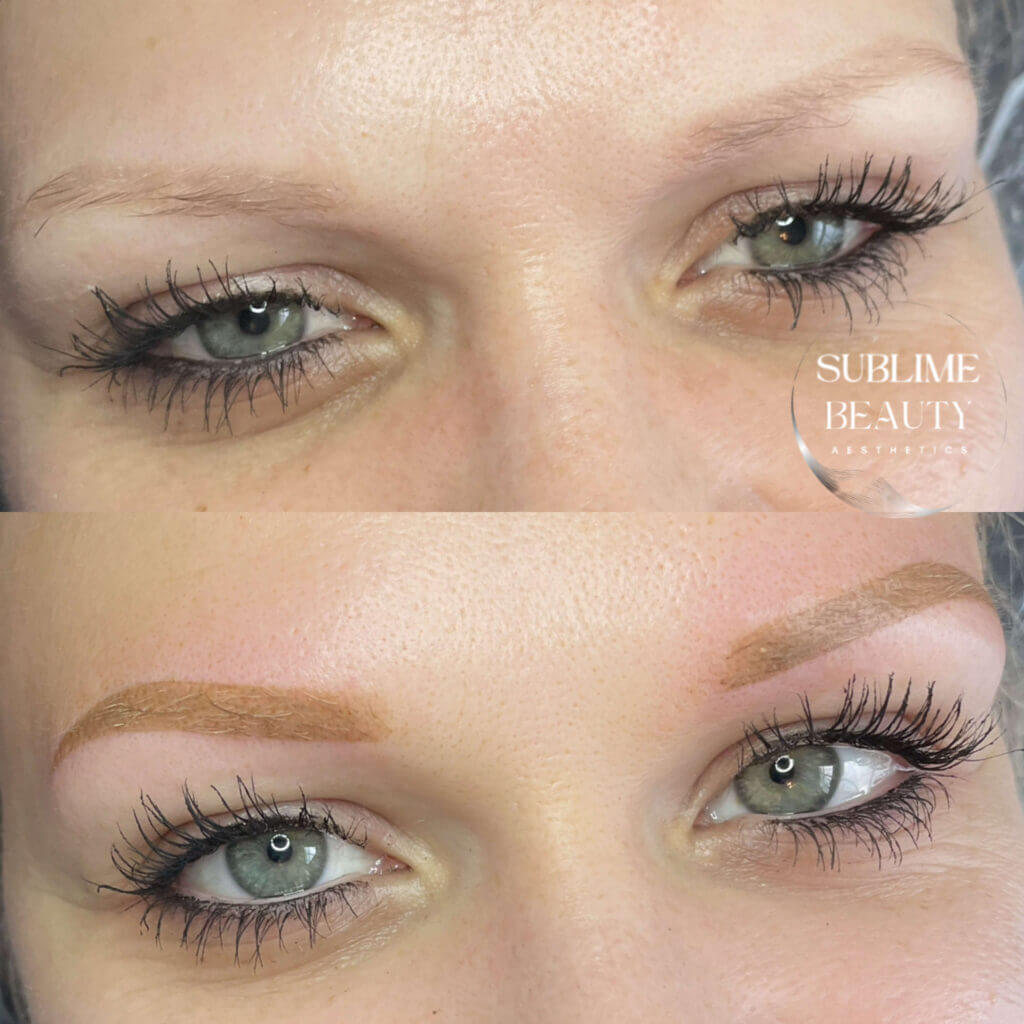 Before and after images showcasing the impressive results of powder brow SPMU treatment on a blonde woman. The transformation highlights the defined and beautifully filled eyebrows, enhancing her eyes and overall facial features.